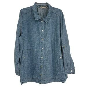 SOFT SURROUNDINGS Button Up Tunic Top Size 2X Chambray Animal Print Blue